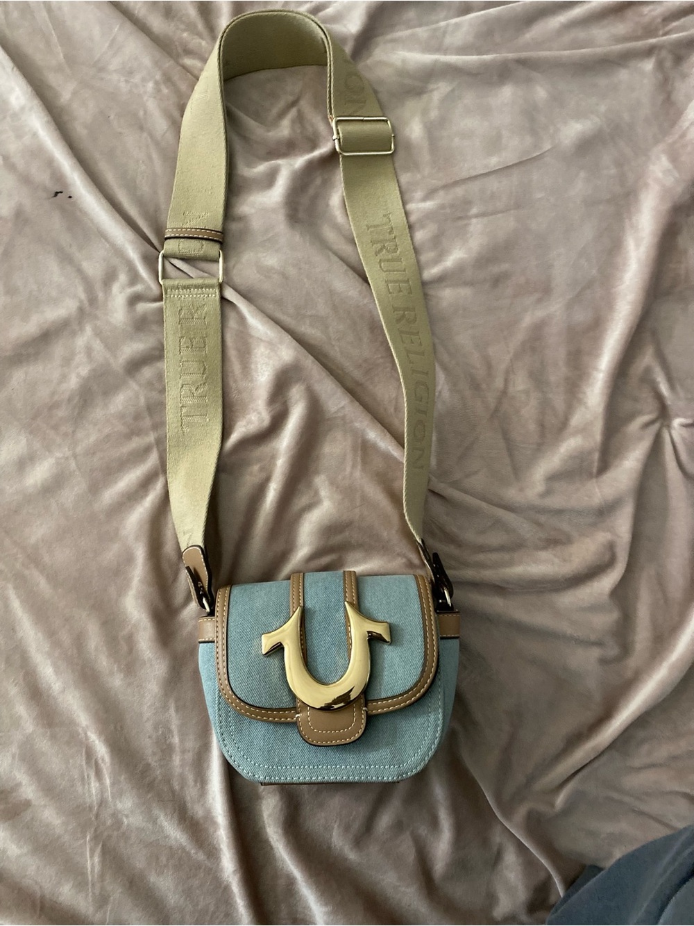 True Religion Light Blue Canvas Crossbody with Tan Trim & Gold Horseshoe Accent